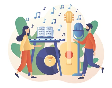 Music and vocal lessons. Tiny musicians with microphone, guitar, music notebook, keyboard. Online education. Modern flat cartoon style. Vector illustration on white background