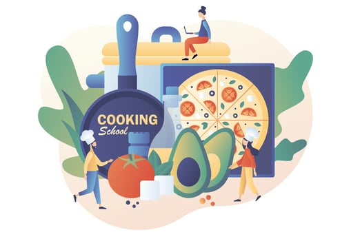 Culinary master class online. Tiny people in hat with kitchen tools and foods. Cooking school - text on kitchen frying pan. Modern flat cartoon style. Vector illustration on white background