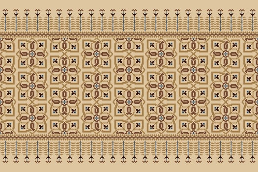 Floral Cross Stitch Embroidery on brown background.geometric ethnic oriental pattern traditional.Aztec style abstract vector illustration.design for texture,fabric,clothing,wrapping,decoration,sarong.