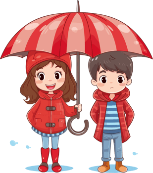 Children, a boy and a girl dressed in warm clothing, standing in the rain under a red umbrella. Vector illustration png