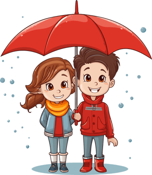 Children, a boy and a girl dressed in warm clothing, standing in the rain under a red umbrella. Vector illustration png