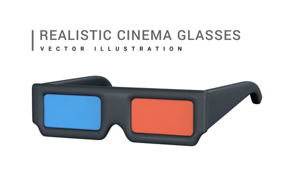Realistic blue-red 3D stereo glasses for watching movies in plastic cartoon style. Vector illustration