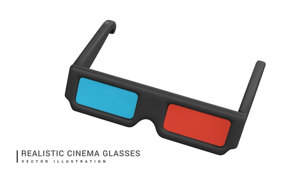 Realistic blue-red 3D stereo glasses for watching movies in plastic cartoon style. Vector illustration