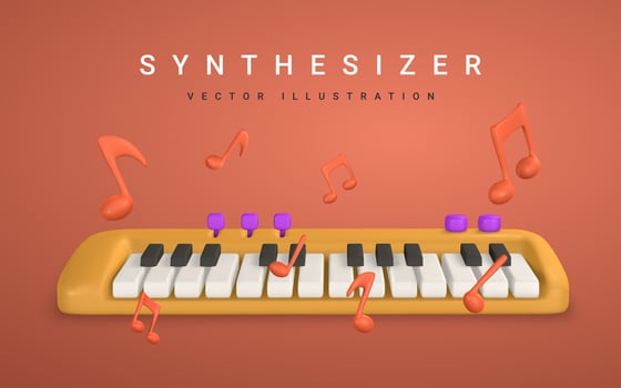 3d realistic synthesizer with music note. Music concept design in plastic cartoon style. Vector illustration