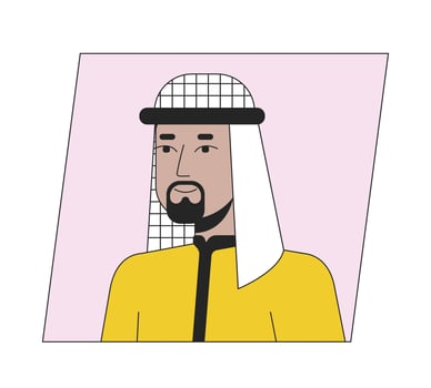 Muslim man in hijab flat color cartoon avatar icon. Editable 2D user portrait linear illustration. Isolated vector face profile clipart. Userpic, person head and shoulders