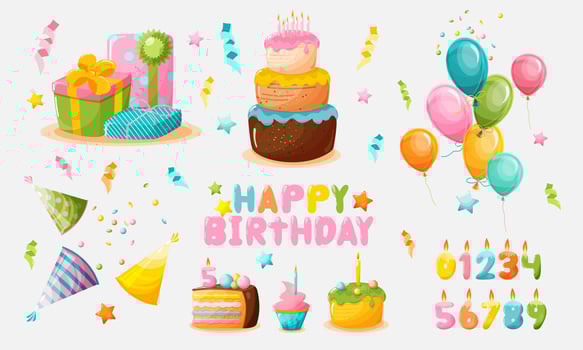 Set of elements for birthday design. Cake, happy birthday text, figures of candles with numbers, gifts, birthday hats, balloons, a piece of cake with candles, cupcake, serpentine, confetti, stars. vector