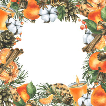 Tangerines with cotton, pine branches and cones, sweets, candle and spices. Watercolor illustration hand drawn for Christmas decor. Square frame isolated png