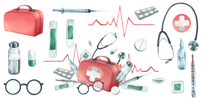 Red medical case, first aid kit with stethoscope, injections, plaster, pills and glasses. Watercolor illustration, hand drawn. Composition with elements isolated png