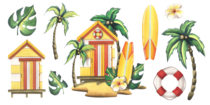 Fishing beach, striped wooden house with a surfboard, palm trees, tropical leaves. Watercolor illustration hand drawn. A set isolated composition with elements png