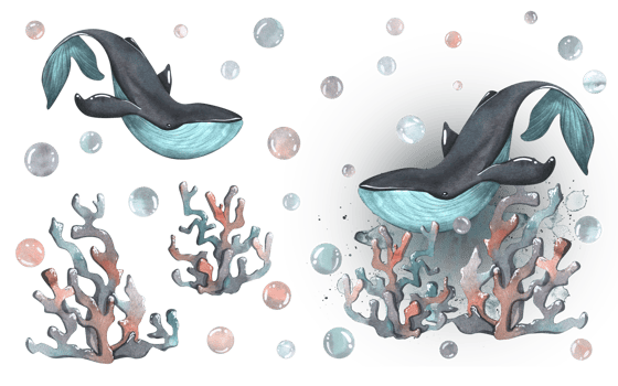 Whale with corals and water bubbles on the background of the ocean. Watercolor illustration. For and design of prints, stickers, postcards, posters. A set isolated elements png