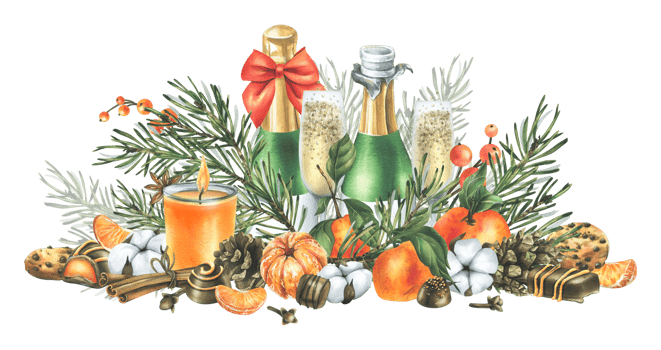 Christmas decor with tangerines, champagne. sweets and pine branches. Watercolor illustration, hand drawn. For congratulations and holiday. Isolated composition png