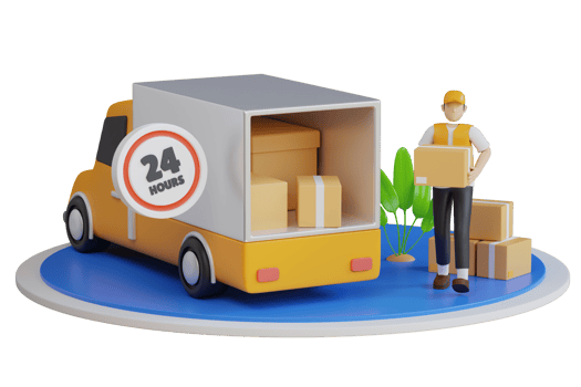 24 Hour Express Delivery. Fast Express and Delivery. Free shipping, product goods 24 hour delivery, Delivery truck van. 3d illustration png