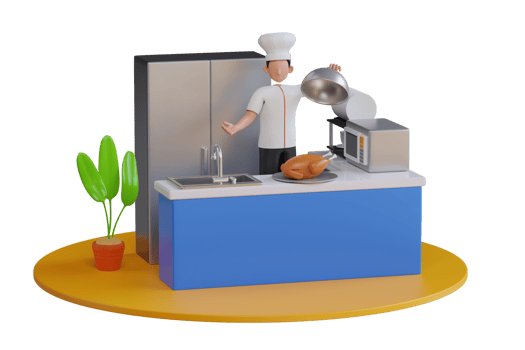 3D Chef cooking chicken in restaurant kitchen. chef character holding silver dish in hand. Cooking Chicken 3d illustration png