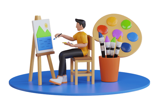 male artist drawing with pencil 3d illustration. Isometric artist painting picture on easel. 3D illustration png