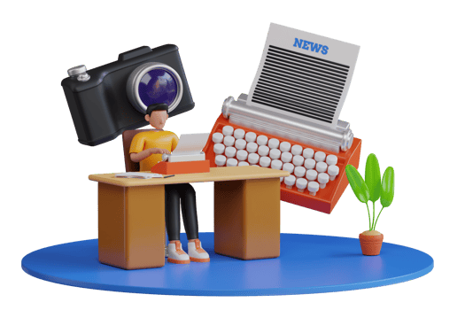 News Article Writer 3D Illustration. Content writer. Media creator and online freelance article writer, blog copywriter and content maker concept png