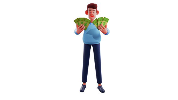 3D illustration. Rich Man 3D cartoon character. Handsome man with a lot of money in his hands. Young man smiling because he managed to taste the success he got. 3D cartoon character png