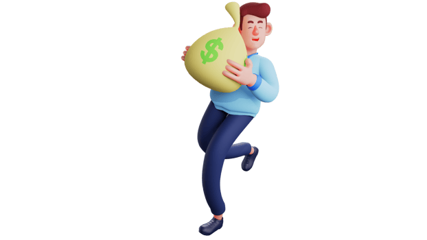 3D illustration. Rich Businessman 3D cartoon character. Businessman running while hugging the sack of money he has. Successful man carrying sack of money to save. 3D cartoon character png