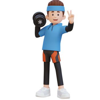 3D Sportsman Character Giving a Peace Sign While Holding Dumbbell png