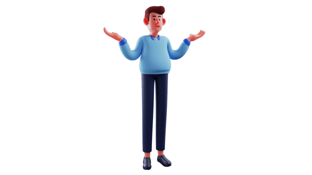 3D illustration. Confused businessman 3D cartoon character. The businessman raised both his hands and made a confused gesture. Young businessman asking something. 3D cartoon character png