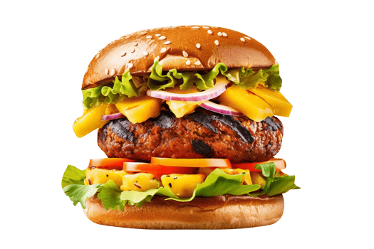 Delicious Caribbean jerk burger on transparent background png