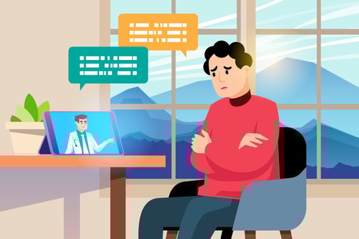 Online medical consultation. Vector illustration in flat cartoon style. Man with laptop sitting in armchair. The patient stays at home consult your symptoms online with a doctor.