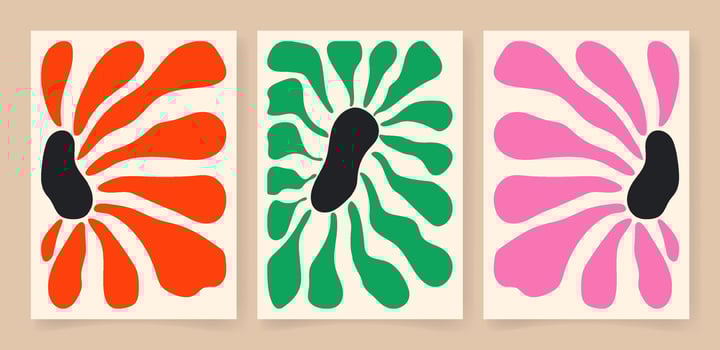 Abstract contemporary floral poster set. Botanical art, organic wavy shapes Matisse style modern print botanical element organic shapes. Vector illustration