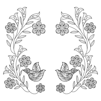 Cute birds and flower frame hand drawn for adult coloring book vector