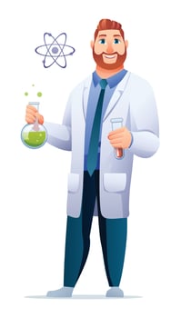 Scientist professor wearing lab coat holding test tubes. Vector cartoon character