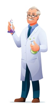 Scientist professor wearing lab coat holding test tubes. Cartoon character illustration vector