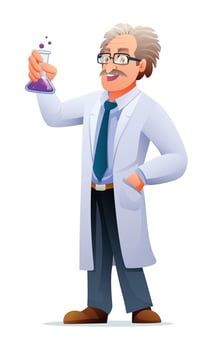 Scientist professor wearing lab coat holding a test tube. Vector cartoon character illustration