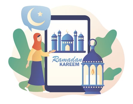 Ramadan Kareem - text on smartphone screen. Holy Month, lantern for pray at night and mosque. Tiny woman greet on Eid mubarak holiday. Muslim Feast. Modern flat cartoon style. Vector illustration