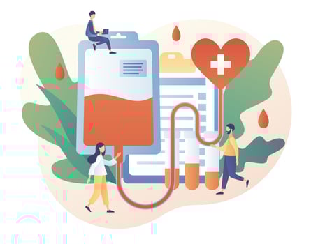 Blood donation concept. Blood test or analysis. Clinical laboratory examination. Tiny volunteers with nurses donating blood in hospital. Health care. Modern flat cartoon style. Vector illustration