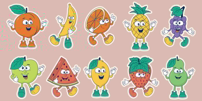 A set of retro fruit characters in cartoon style. A comic mascot. Groovy summer vector illustration. Juicy sticker with watermelon, apple, pear, strawberry, grape, banana, lemon, pineapple.