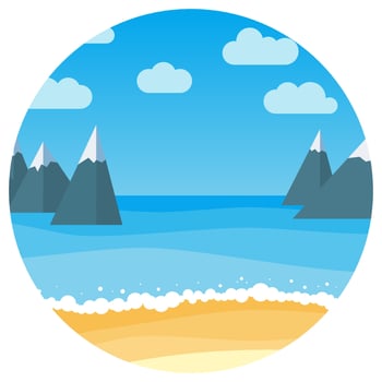 Vector landscape with summer beach and rocks in circle. Waves of the sandy beach, blue sky and sea. Landscape vector illustration.