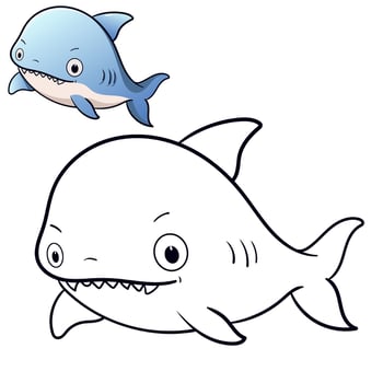 Cute baby Shark coloring page. Black and white cartoon illustration for simple design or coloring books education vector