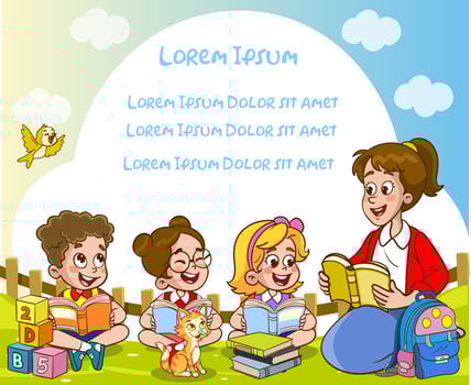 kids students and teacher drawing in the park vector illustration with place for your text.