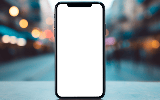 Smartphone with transparent screen isolated on blurry city background. Mockup template for artwork design. png