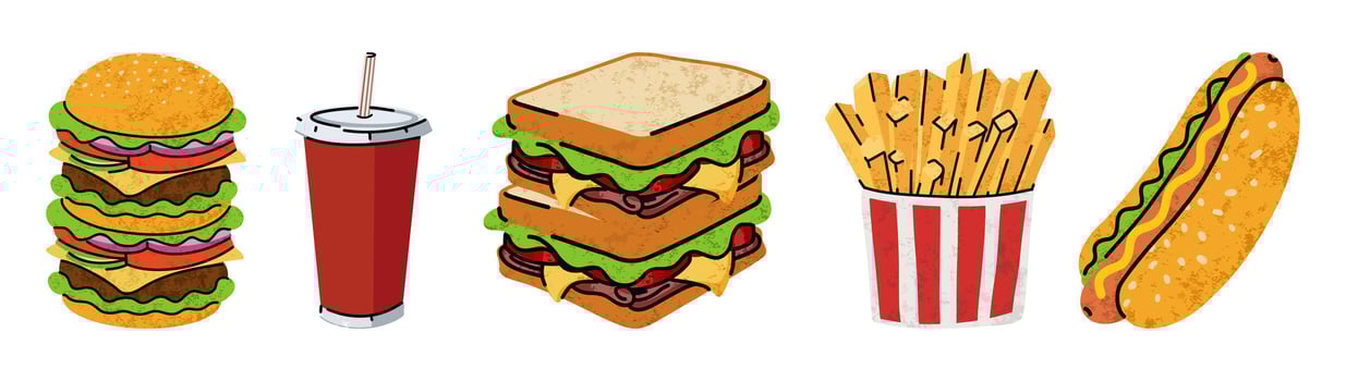 fast food, cartoon icons set, simple flat style, street high calorie food illustration. vector