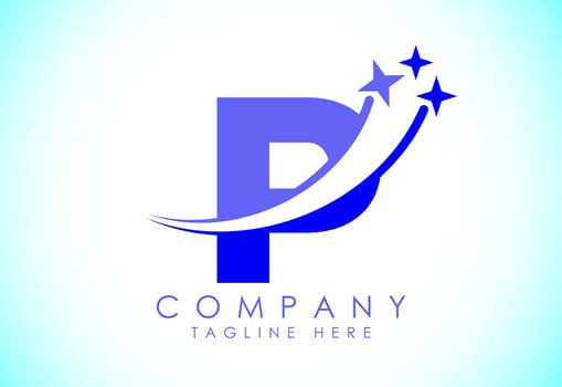 Initial alphabet P with swoosh and star sign. Shooting star logo design vector template for business and company identity