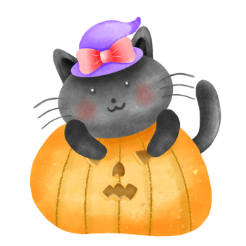 A cute watercolor black cat wearing a purple witch hat lying on top of a pumpkin for Halloween png