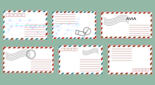 Set of postal envelopes. White envelopes with stamps. Illustration, icons, vector