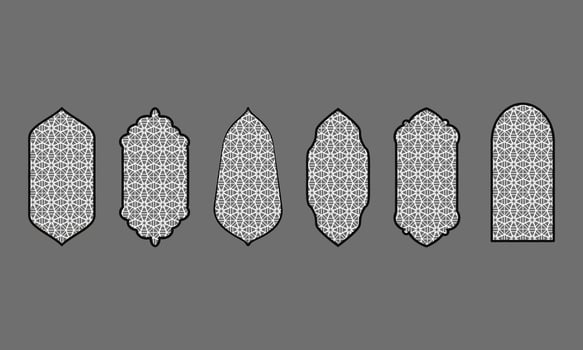 Set of black and white silhouettes of Islamic windows.Arab frame set.Ramadan kareem simbol icon. vector