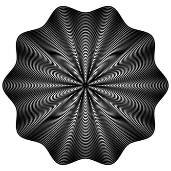 Circular Modern Etching, Engraving Texture, Spiral Scalloped Round Shape. Monochrome Decorative Pattern. Abstract backdrop. Vector Art Illustration.