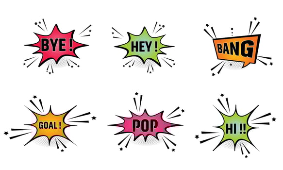 Set of speech bubbles. Set comics book balloon. Bubble speech phrase. Cartoon exclusive font label tag expression. Comic text sound effects. Cartoon balloon word design. vector