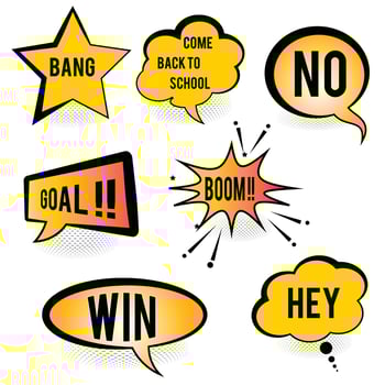 Set of speech bubbles. Set comics book balloon. Bubble speech phrase. Cartoon exclusive font label tag expression. Comic text sound effects. Cartoon balloon word design. vector