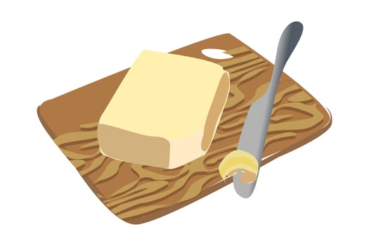 Butter on a Wooden board, Kitchen metal Knife. Flat vector with black outline, cartoon