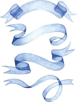 watercolor drawing. set of transparent vintage ribbons, blue ribbons, scrolls, text background vector