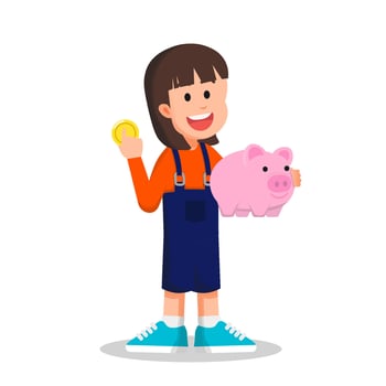 a cute and happy little girl holding her coins and piggy bank vector