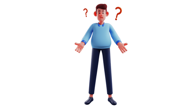 3D illustration. Confused Businessman 3D cartoon character. Businessman stretched his arms forward with two question marks beside him. Office worker showed a confused expression. 3D cartoon character png
