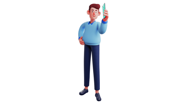3D illustration. Young Businessman 3D cartoon character. Businessman holding a glowing cell phone. Young man wants to contact someone. Entrepreneur wants to contact his client. 3D cartoon character png
